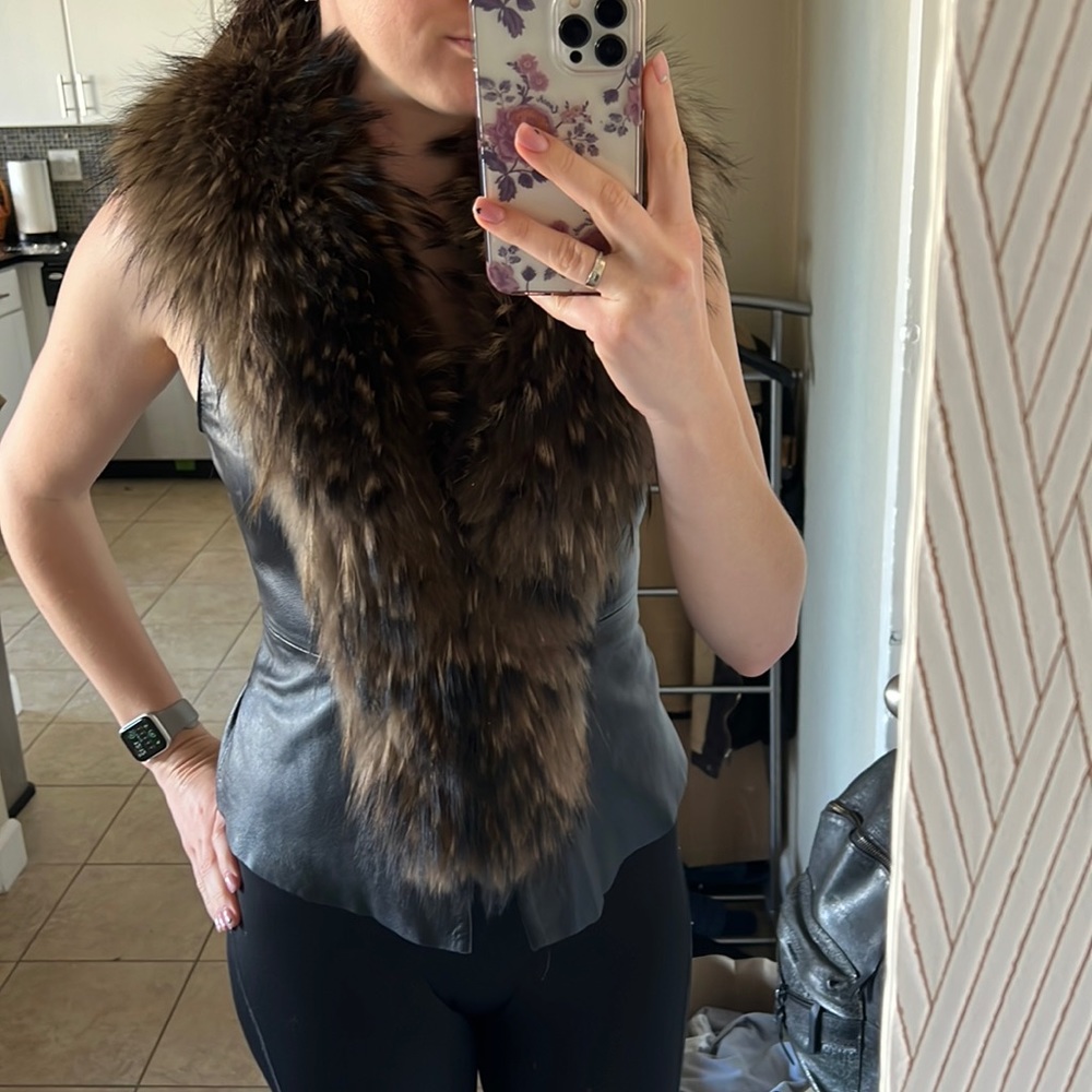Leather vest with real fur
